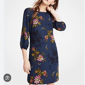 Ann Taylor Floral Navy Lantern Long Sleeve Sleeve Dress 0